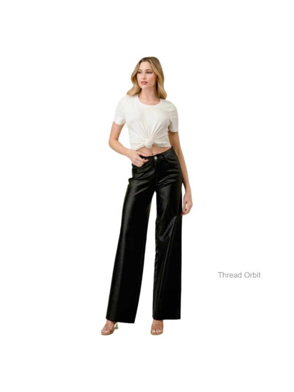 Super Stretch Faux Leather High Waisted Wide Leg Pants - Picture 1 of 3